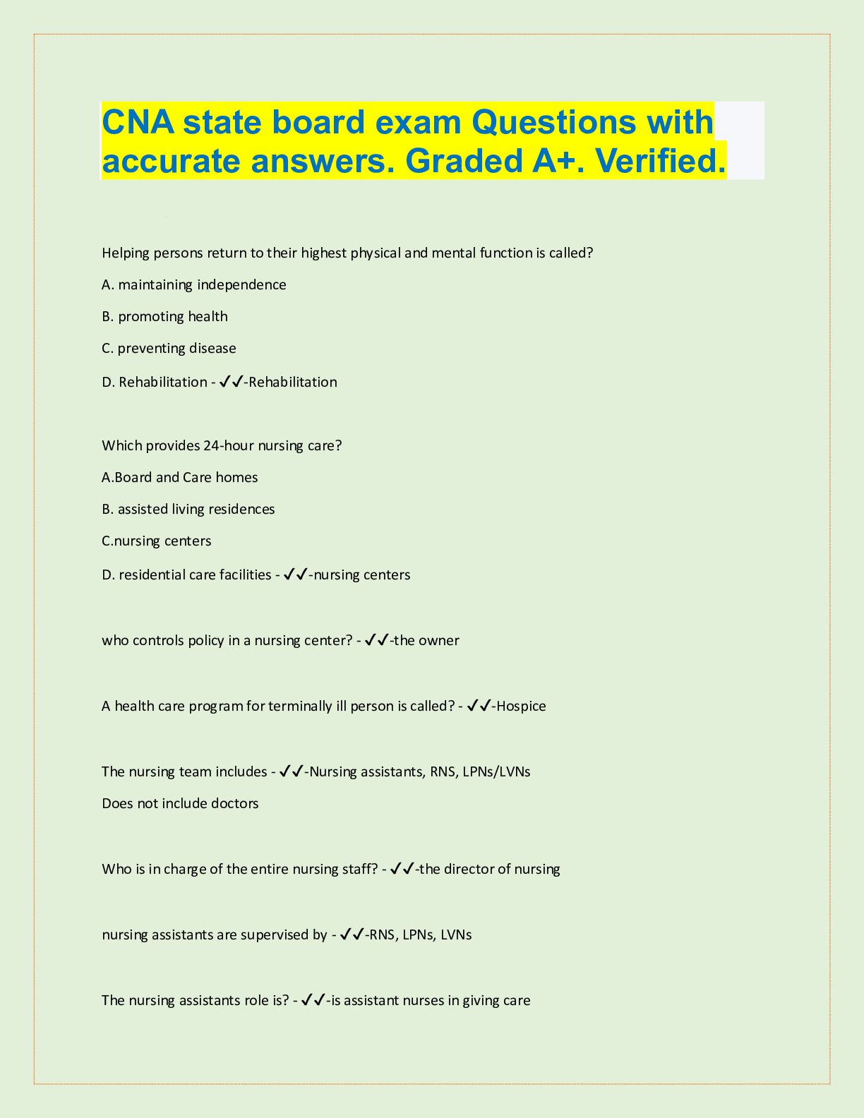 Preview of CNA state board exam Questions with  accurate answers. Graded A+. Verified.